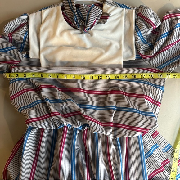 Vintage 80s, Striped Midi Dress, Sailor Collar, Gathered Waist,  Size MEDIUM - Picture 8 of 10